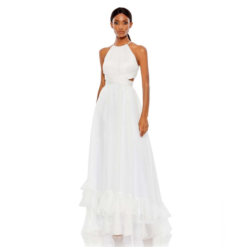 NWT Mac Duggal PLEATED CRISS CROSS CUT-OUT HALTER NECK GOWN Size 16